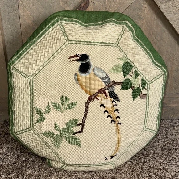 Vintage needlepoint pillow with exotic bird Handmade Approximately 17” x 17” - Picture 7 of 10